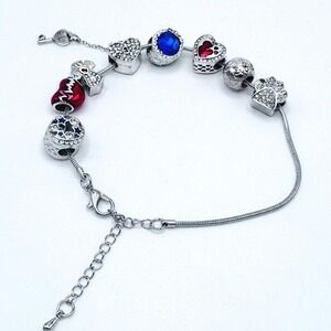 Dog Lover Charm Bracelet Silvertone European Beads Hearts Rhinestones Adjustable
